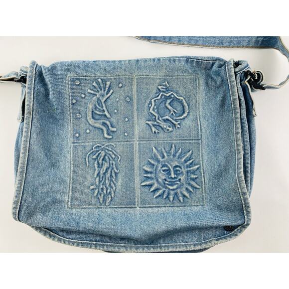 Vintage Blue Jean Embossed Denim Messenger Shoulder Bag Kokopelli Lizard Native - Picture 13 of 15